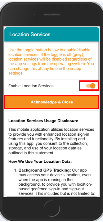 App enable disable GPS acknowledge