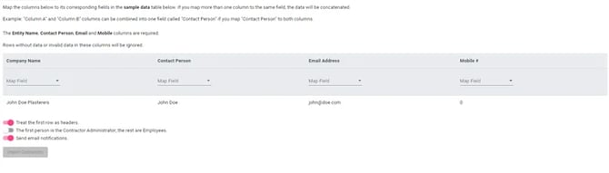 Contractor import screen