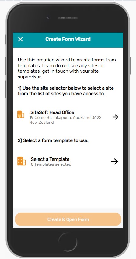 Mobil Wizard Form Selecting Form Templates from the Mobile App